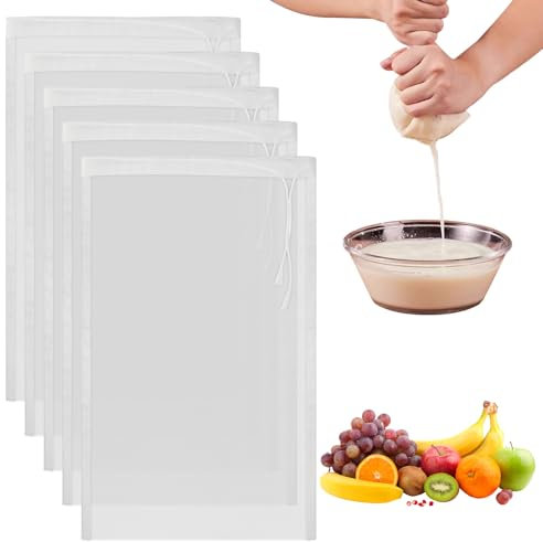 5 Stück Nussmilchbeutel,Käsetuchbeutel zum Pürieren,Passiertuch Wiederverwendbar,Nylon Käsetuch Bio Waschbar Filterbeutel Mit Kordelzug,für Nussmilch Käse Kaffee Joghurt Fruchtsaft(20 x 30cm)