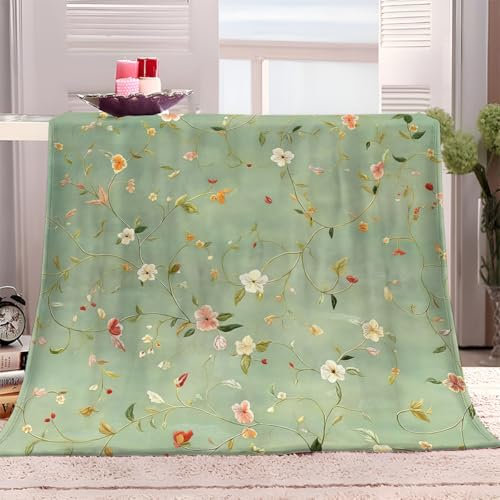 XCQHZYQ Kuscheldecke Blumen&Reben&Hellgrün 150x200 cm Flauschig Decke Fleecedecke Sofadecke Warm Wohndecke Couchdecke, Weich Sofaüberwurf Decke