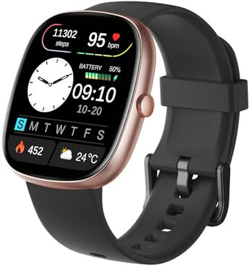 HUAKUA Reloj Inteligente Hombre Mujer, Smartwatch Llamada Bluetooth,Pulsómetro,Monitor de Sueño,Whatsapp Notificación, 113+ Deportivos Modos,Impermeable IP68 Pulsera de Actividad (Oro Negro)