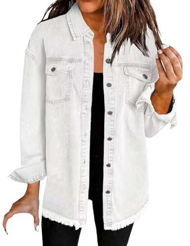 Womens Jeans Jacket Loose Fit Casual Frayed Hem Button Down Lapel Denim Shirts Fashion Classic Cotton Washed Distressed Outcoats Long Sleeve Boyfriend Y2K Streetwear White