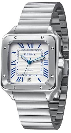 BERNY Quadratische Automatikuhr für Männer mechanische Uhren Saphir Kristall AR Beschichtung Vintage Herren Analog Armbanduhr 100M Wasserdicht Herrenuhr Datumsöffnung Klassische Römische Ziffernmarker