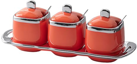 Dowbom Sugar Bowl With Lid And Spoon, 350ml Storage Jar Set of 3, Sugar Container, Sugar Jar, Sugar Pot, Sugar Dish (Orange)