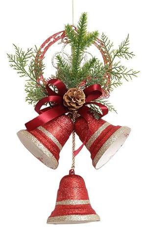Christmas Bells for Decoration, Large Christmas Jingle Bells Door Hanger, Vintage Jingle Sleigh Gold Bell with Pine Cone, Pine Needle, Bow for Wreath, Door Hanging, Garland, Home Decorative Bells