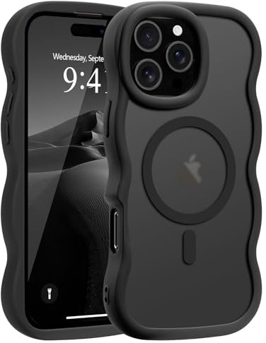 Pepmune Magnetic for iPhone 16 Pro Case [Compatible with Magsafe] Translucent Matte Cute Curly Wave Frame Phone Case,Soft TPU Bumper Slim Fit Shockproof Protective Cover for Men Women-Black