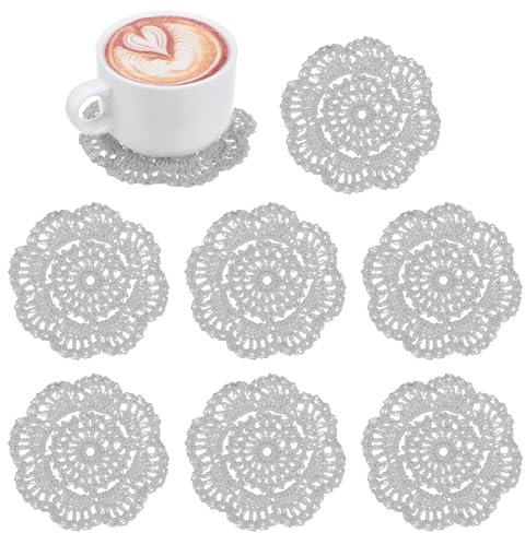 M METERXITY 8-Pack Handmade Crochet Coasters, 4Inch/10cm Round Cotton Placemats for Table/Cup/Bowl/Vase/Tea Trays/Home Decoration, Lace Doilies Place Mats [Light Gray]