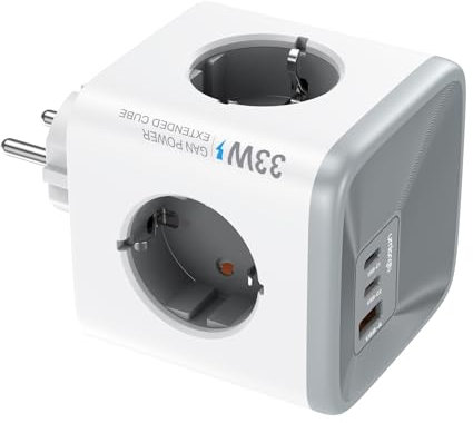 Cubo Enchufe USB 7 en 1, Ladron Enchufes Múltiple con 4 Tomas (4000W/16 A), 2 USB-C y 1 USB-A (30W Carga Rápida), Regleta Enchufe Múltiple para Pared, Oficina, Cocina y Dormitorio