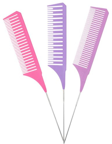 3 Pieces Foiling Comb for Highlighting, 3 Piece Colorful Rat Tail Comb Highlight Weaving Combs for Highlighting Metal Long Steel Pin Hair Dye Combs for Hair Stylist Salon Barbershop Home