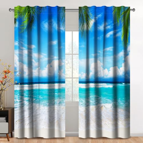 Kzzfqxb Vorhänge 117x138cm 2 Paneele, Sommerresort Grüne Ozean Wellen Blau Himmel Ferne Wolken auf dem Meer Palmen Strand Landschaft, Frisches Dekor für Schlafzimmer Wohnzimmer