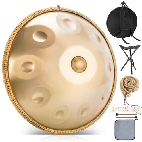 BIILOYY Handpan Instrument, 22 Zoll 10 Töne 440 Hz Hand Pan,Handpan Drum in D-Moll,inklusive Drum Tasche, Schlägel, Steel Pan Ständer, für Anfänger, Profis, Musiktherapie