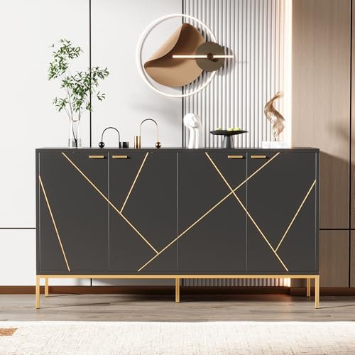 Pangshiyuan Sideboard mit Vier Türen und Metallfüßen, TV-Schrank, Kleiderschrank, geradliniges Design mit Metalllinien-Dekor, Schwarz+Gold, 150x40x80 cm ### 产品五点：