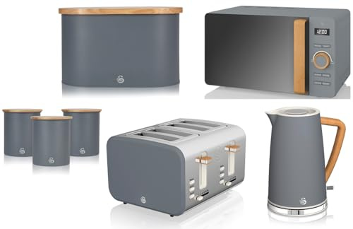 Swan Nordic Grey 7 Piece Kitchen Set – 1.7L Fast Boil Kettle, 4 Slice Toaster, 20L 800W Microwave, Bread Bin & 3 Canisters | Scandinavian Style with Wood Accents