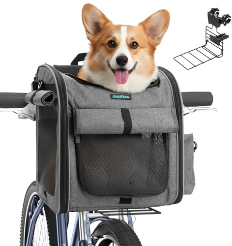 DAISTERN Cestino per bicicletta per cani anteriore, pieghevole e stabile, trasportino per animali 4 in 1 e zaino fino a 10 kg, supporto universale L (< 8 cm di larghezza), tenuta sicura per cani e