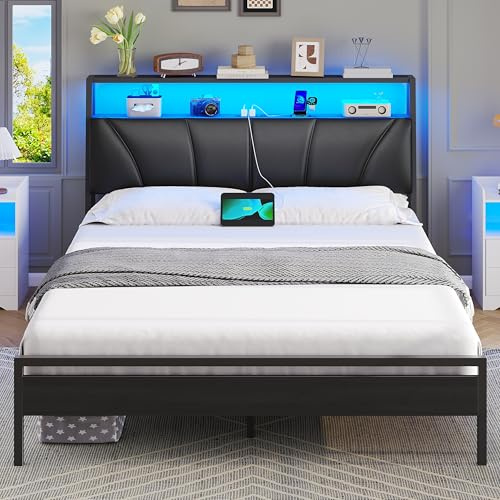 Brinlawb Bett 120x200 cm mit LED Beleuchtung und Ladestation (2 AC-Steckdosen, USB-A, USB-C) Bettgestell Jugendbett 120x200 mit gepolstertem Kopfteil und 2 offenen Regalen, robustes Metallbett Schwarz