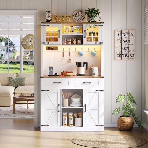 LFGUIZO Küchenschrank, Sideboard mit Großer Stauraum, Hochschrank Buffetschrank mit 2 Schubladene & Verstellbaren Ablagen, Kaffeebar im Landhausstil, 99 x 40 x 172 cm, Weiß