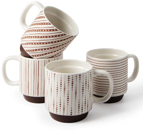 DOWAN Set Tazzine Caffe da 4 Pezzi 360ml – Porcellana Bone China di Alta Qualità, Tazzine Impilabili Caffe Salvaspazio, Tazza Grande e Tazze Mug per Cappuccino, Tè, Cioccolata Calda (Marrone)