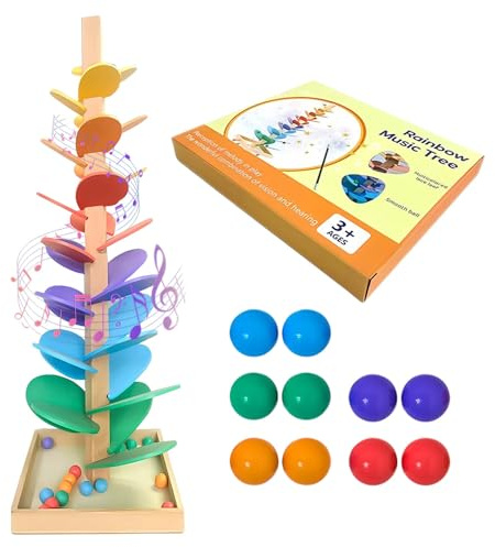Montessori Sound Tree, 71cm Rainbow Musical Tree, Colorful Rolling Ball Tower, Music Tree Wooden Marble Run with 10 Rainbow Balls, 6 Colorful, Rainbows Balls Tower for Girls and Boys