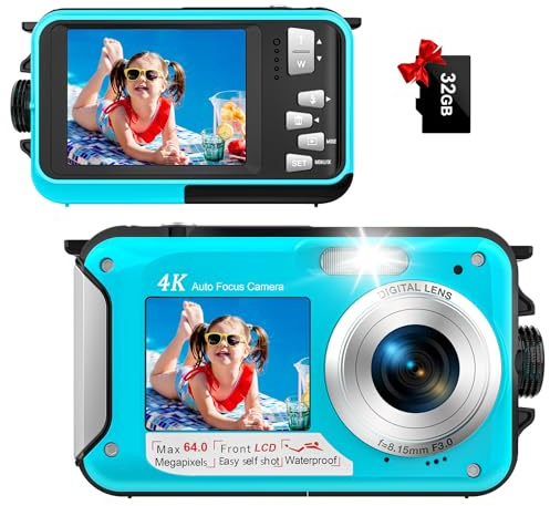 Digitalkamera, Yixinxin 4K Unterwasserkamera, 64MP Autofokus 16FT Digitalkamera wasserdichte mit 32GB Karte, Dual-Screen Selfie 1250mAh Batterie, 16X schwimmfähig Digital für Schnorcheln