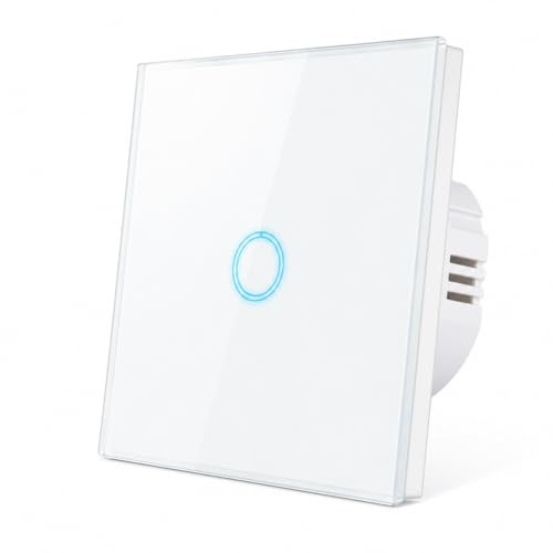 Touch Light Switch 1 Gang 1 Way, White Tempered Glass Wall Switch Panel with LED Backlight Indicator, No Neutral Wire Required, Modern Electric Light Switches for Bedroom Kitchen