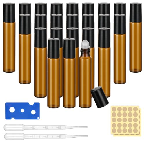 ALIIP Essential Oil Roller Bottles,24PCS 10ml Amber Glass Bottles with White Glass Roller Balls,Opener, Dropper, Labels,for Essential, Aromatherapy, Perfumes, Lip Balms & Massage