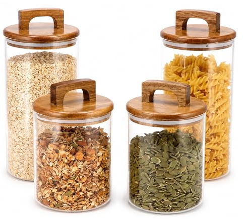 KROMS Bocaux en verre avec couvercle en acacia – Lot de 4 bocaux de conservation hermétiques 1000 ml & 1600 ml – Boite de rangement cuisine pour pâtes, riz, café et aliments