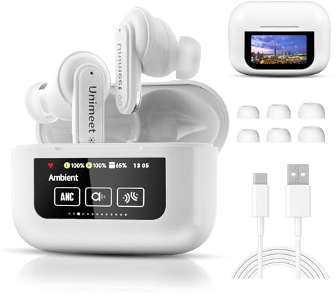 Unimeet Touch Screen Earbuds, ANC Noise Cancelling Earbuds with Smart Charging Case, Bluetooth 5.4 Wireless Earbuds with HiFi Stereo Deep Bass, 48H Playtime Earphones for iOS/Android, Business, Sport