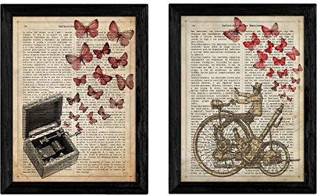 Nacnic Pack 2 Vintage Poster Musikbox und Fahrrad mit Schmetterlinge. Vintage Landkarten Poster. Verschiedene bunte Bilder ohne Rahmen. A4-Format
