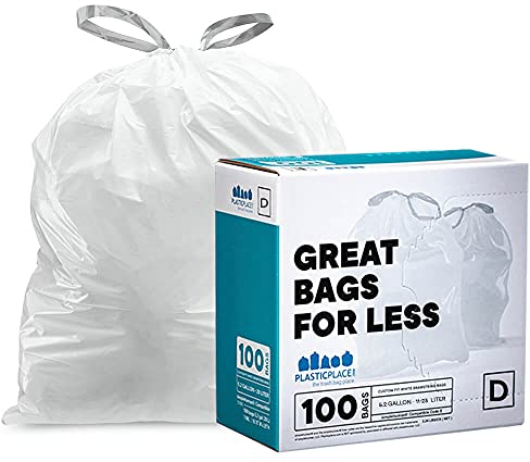 Plasticplace Custom Fit Trash Bags, Compatible with simplehuman Code D White Drawstring Garbage Liners 5.3 Gallon / 20 Liter, 15.75 x 28, 100 Count (Pack of 1)