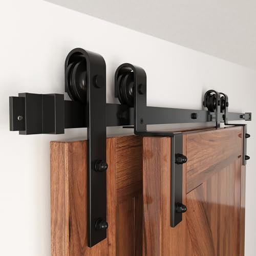 WINSOON 10FT Single Rail Bypass Barn Door Hardware Double Doors Kit, Heavy Duty Sliding One Track Antique Roller for Cabinet Closet Fit Double 60 Wide Doors