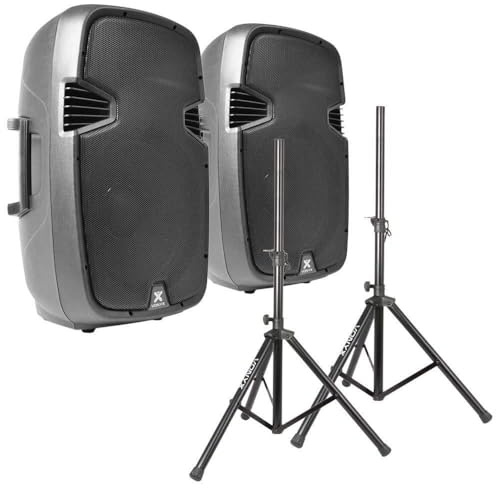 Vonyx SPJ-1500A 15 Aktivlautsprecher Set 1600W – PA Lautsprecher mit Stativ & Tasche – 2X 15 Zoll Aktivboxen mit integriertem Verstärker, EQ & Mikrofoneingang – DJ Lautsprecher Komplettset