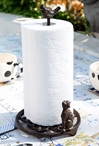 Purrfect Cat Gifts - Cast Iron Cat & Bird Kitchen Roll Paper Towel Holder - Durable and Stable Design - Ideal Kitchen or Dining Room Accessory - Charming Cat Crafted Roll Holder - Size (18x18x32cm)
