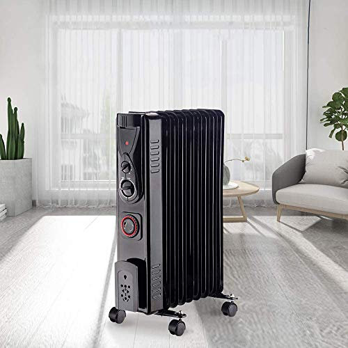 NRG Oil Filled Radiator Portable 9 Fin Electric Heater with Timer & Safety Tip Over Switch & Adjustable Thermostat (Black 2KW)