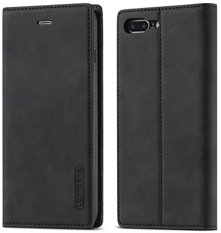 QLTYPRI Hülle für iPhone 7 Plus 8 Plus, Vintage Matte Handyhülle mit Kartenfach Geld Slot Ständer PU Ledertasche TPU Bumper Flip Schutzhülle Kompatibel mit iPhone 7 Plus 8 Plus - Schwarz