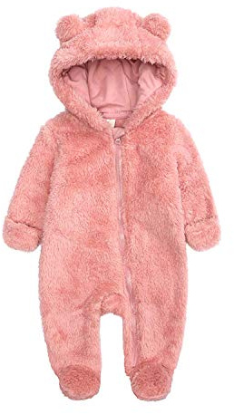 Newborn Baby Warm Snowsuit Cotton Fleece Hooded Romper Bear Pattern Jumpsuit for Baby Girl Boy Pink 0-3M