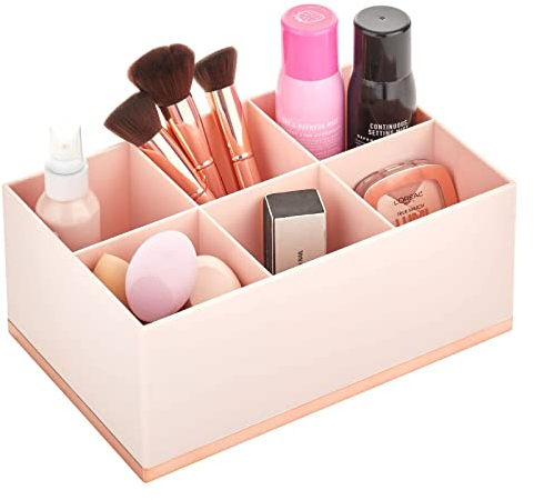 mDesign Make-up Organizer – ansteigende Make-up Aufbewahrung mit 6 Fächern aus Kunststoff – Schminkaufbewahrung für Lidschatten, Puder, Lipgloss etc. – hellrosa und rotgoldfarben