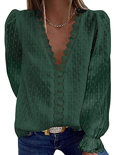 Onsoyours Femme Chemisier Femme Manches Longues T Shirt Dentelle Hauts Chemise Tee Shirt Blouse Tunique Couleur Unique C Vert XL