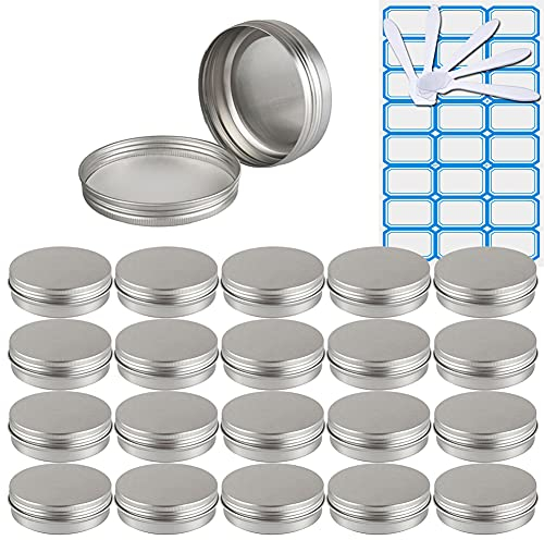 ZEOABSY Pack of 50, Empty 100ml Silver Aluminium Tins with Screw Lids Round Cosmetics Containers Pots Storage Jars for Lip Balm DIY Candle Salve Powder Crafts with 5 Spatula, 2 Labels