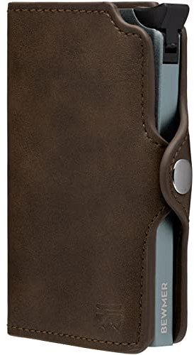 BEWMER Porte Carte Bancaire 1 Blindé | Portefeuille Slim pour Homme et Femme | Porte Cartes et Documents avec Protection RFID et Pince à Billets en Fibre de Carbone | Marron