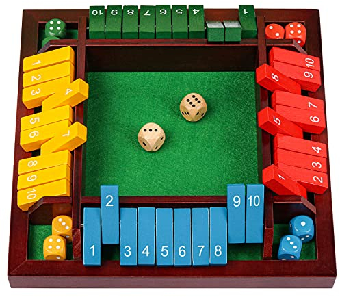 Coogam Schließ die Box Würfelspiel Holzbrett Mathe Zahlenspiel Family Pub Bar 1-4 Spieler mit 10 farbigen Würfeln für Erwachsene Kinder 3 4 5