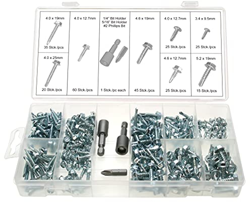Selbstbohrende Blechschrauben Sortiment ø3,4-4.0 - 4,6-5,2 mm/Selbstschneidende Schrauben Bohrschrauben m. Bohrspitze/Länge 9.5-19 mm - inklusive magnetischer Bithalter u. PH2 Bit, 253-tlg.