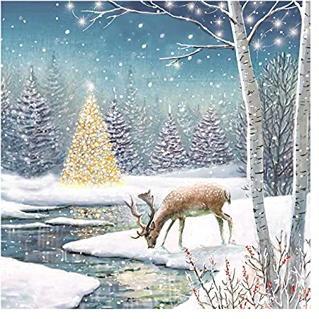 Ling Design 6 Weihnachtskarten Wald im Schnee – attraktives Design mit Hirsch und Weihnachtsbaum – 6 Karten à 1 Design