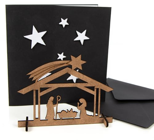 Logbuch-Verlag 3 Weihnachtskarten schwarz weiß quadratisch 15 cm mit Umschlag + kleine Krippe aus Holz als mini Geschenk