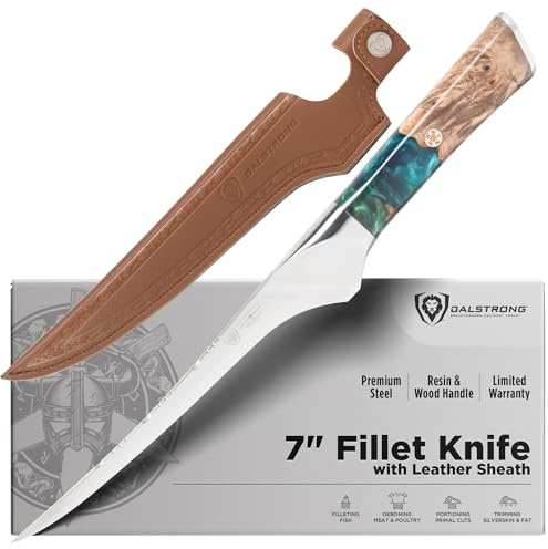 Dalstrong Valhalla 7 Fillet Knife — Flexible High-Carbon Blade (8–12° Edge), Unique Wood Resin Handle - For Filleting Fish, Deboning Proteins, Trimming Silverskin — Leather Sheath, Customer Support