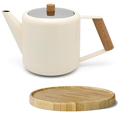Bredemeijer Teekanne Set 1.1 Liter - Edelstahl doppelwandig Creme-Weiß - Großer moderner Teebereiter ohne Filter - inkl. Holz-Untersetzer braun