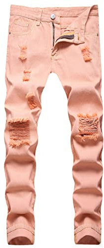 LZLER Jeans strappati da uomo, pantaloni in denim a gamba dritta con fori, Rosa, 48