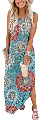 Cuptacc Damen Kleider Sommerkleid Ärmellos Lang Wickelkleid Strand Maxikleid mit Taschen Grüne Blumen,Xl46