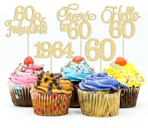 Gyufise 30Pcs 60th Birthday Cupcake Toppers 60 Fabulous Cupcake Picks Cheers to 60 1965 Cake Decorations for Happy 60th Birthday Wedding Anniversary Party Decoration Supplies Gold