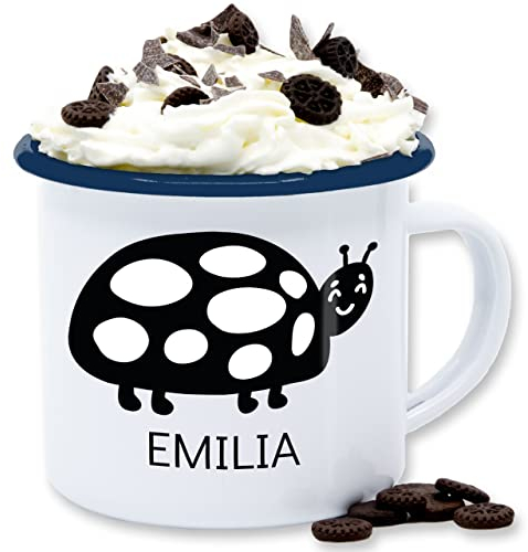 Emaille Tasse Blechtasse - Skandi Style Scandi bedruckt - Marienkäfer - 300 ml - Weiß Blau - personalisierte käfer tassen
