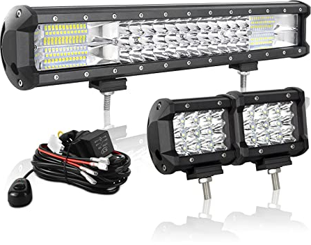 AUXTINGS 45 cm 252W LED Lichtleiste Spot Zusatzscheinwerfer Flutlicht+ 2x 10cm 36W Spot LED Arbeitsleuchte mit 2 Kabeln 12V Kabelbaum-Kit für JP Pickup Offroad Truck 4X4 ATV Bootsanhänger,wasserdicht