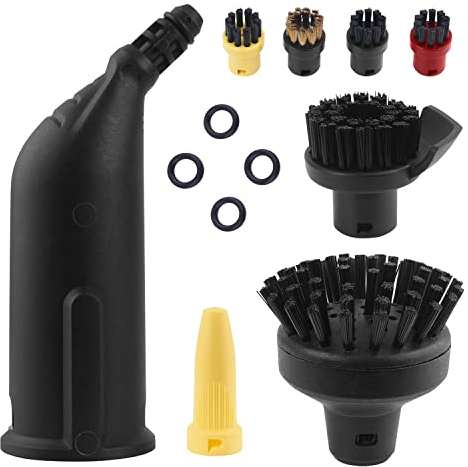 Wiseten Rundbürstenset und Mundstück Düse für Kärcher Dampfreiniger Zubehör SC1 SC2 SC3 SC4 SC5, Schwarz Verlängerte Düse, Große Rundbürste Bürste Ersatzteile mit 4 Kleine Rundbürste