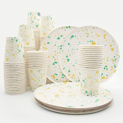 Wellsamed WELLSACUP 100 Pappbecher 180 ml mit Teller, Sprinkles Gelb-Grün, Terrazzo, geeignet für Heiß- und Kaltgetränke, Coffee to go, Party, Kindergeburtstag